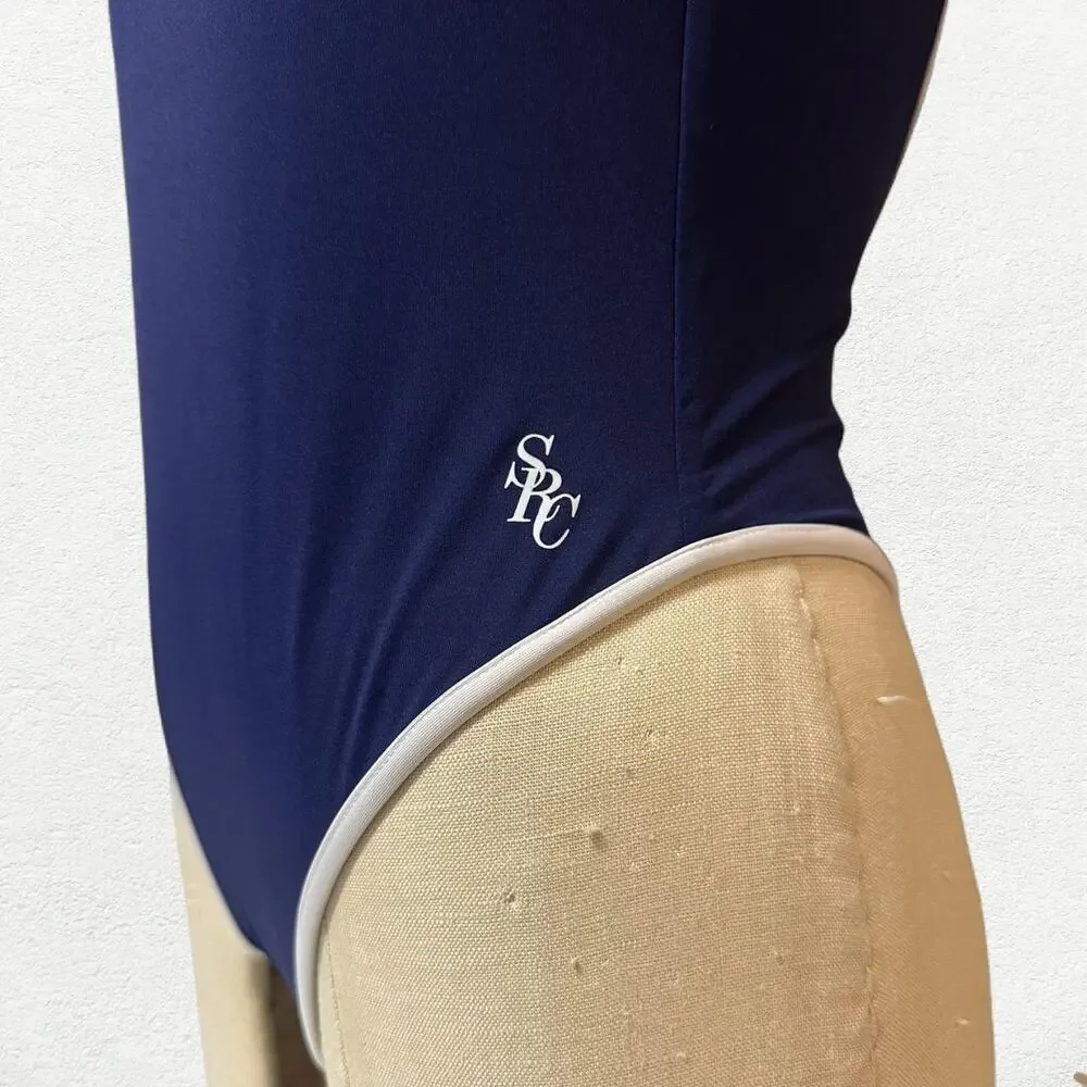Sporty & Rich Carla Open Back One Piece Swimsuit in Navy Blue & White